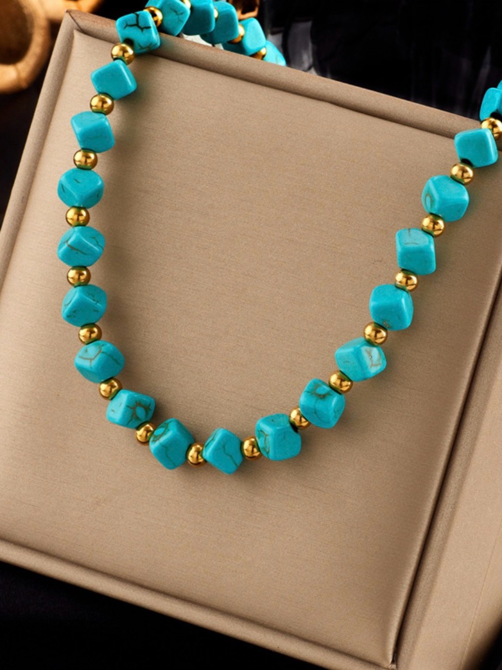 Turquoise Bead Necklace with Gold Accent Beads - Women Jewelry